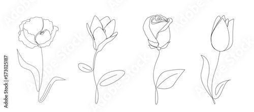 Continuous line drawing of flowers.Poppy,magnolia,tulip,rose with leaves one line drawing.Hand drawn flowers.Single one line flowers set .Flowers outline sketch.