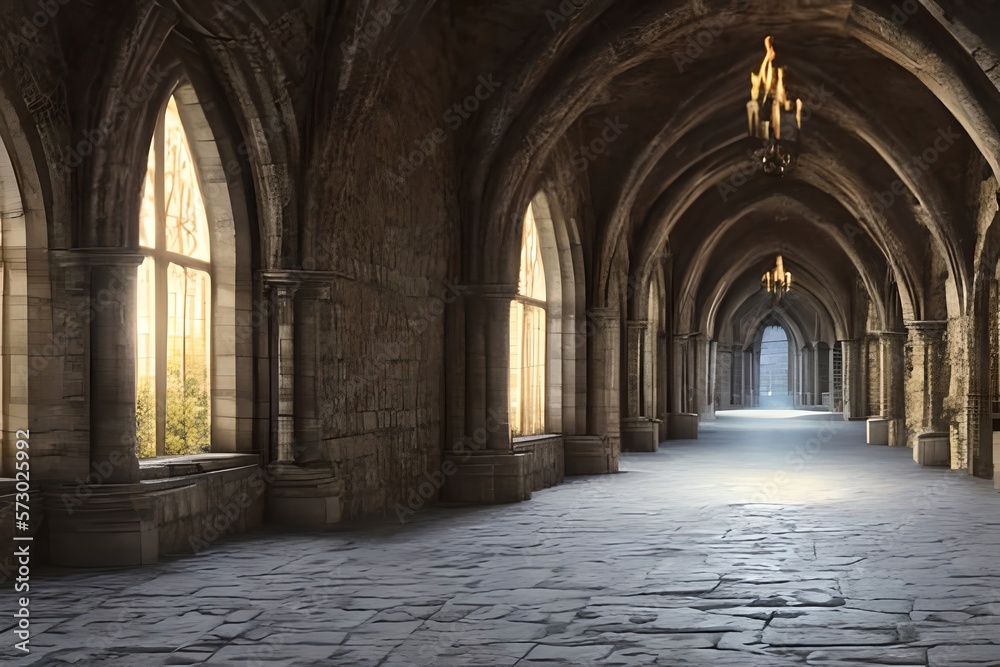 Long Medieval Castle Corridor With Torches. Fantasy Background. Interior Of Ancient Palace With Stone Arch. Digital Art. Generative AI