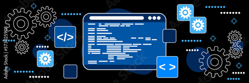 Application development, program coding, SEO optimization, software construction dark theme style vector concept illustration
