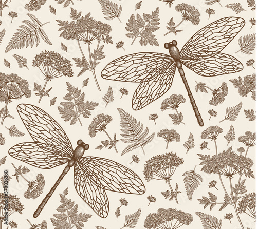 Seamless Pattern. Dragonflies, Hemlock tree, Fern, fly. Flowers insects fauna. Drawing engraving isolated realistic. Beautiful background blooming. Floral baroque. Vintage Victorian illustration