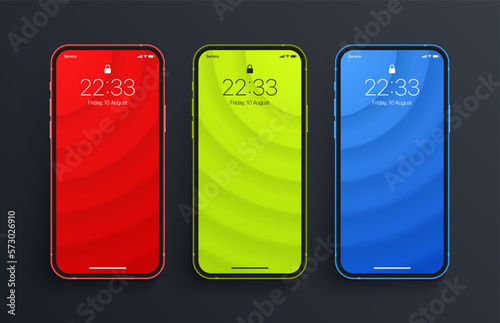 Variations Of Minimalist Red Bright Green Blue 3D Smooth Blurred Lines Wallpaper Set On Photo Realistic Smart Phone Screen Isolated On Dark Back. Various Vertical Abstract Screensavers For Smartphone