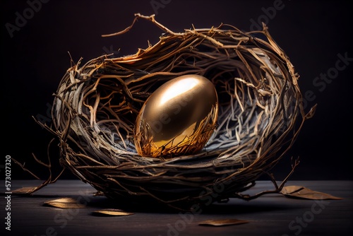 Beautiful Shiny Golden Egg In Bird Nest On Dark Shale Background. The Golden Egg In The Nest. Generative AI