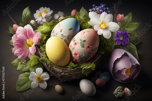 Multi-colored Easter eggs in a clay deep plate on a dark background. AI generated.