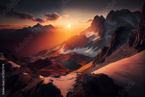 Scenic Sunrise In The High Mountains Of The Alpes. Generative AI © Pixel Matrix