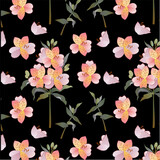 Realistic branch in blossom with  pink alstromeria with green leaves. Bouquet. Decorative vector seamless pattern on dark background.