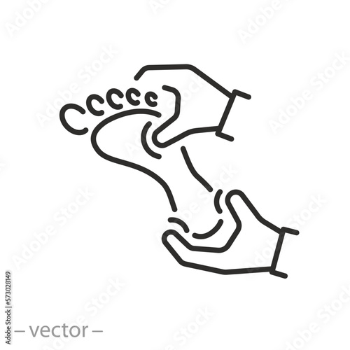 foot massage icon, service spa for leg, feet care, masseur hands, line symbol on white background - editable stroke vector illustration eps10