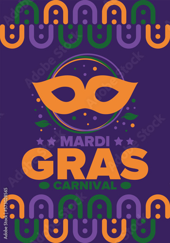 Mardi Gras Carnival in New Orleans. Fat Tuesday. Traditional holiday  celebration annual. Folk festival  costume masquerade  fun party. Carnival mask. Poster  card  banner and background. Vector