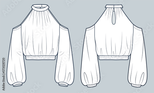 Cold sholder Top, Shirt technical fashion Illustration. Puffed sleeve Shirt fashion flat technical drawing template, roll neck, cropped, front and back view, white, women CAD mockup.