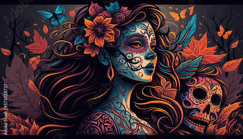 Mexican festival known as Day of the Dead with maxican girl portrait wearing carnival mask of the day of the dead, Generative ai photo