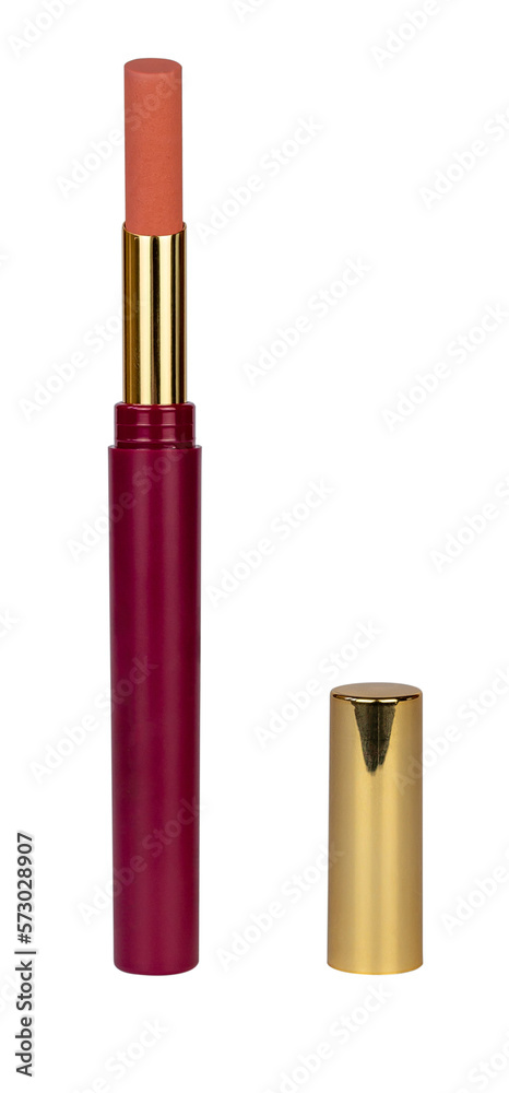 Lipstick of a nude look in a red and golden package and with a lid beside it Lipstick of a nude look in a red and golden package and with a lid beside it