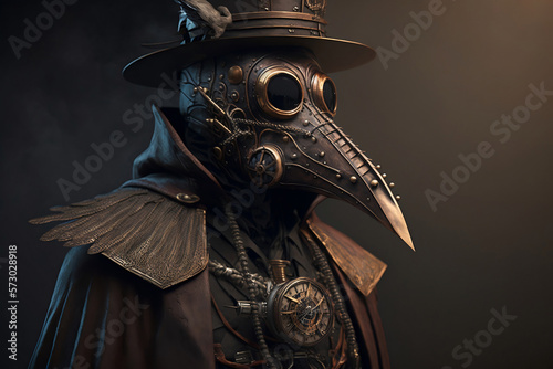 Mysterious Masked Man Plague Doctor, with Bird Mask and Hat. Steampunk, Retro-Futuristic, Leather-Clad, Enigmatic, Victorian-Inspired Style - Generative AI