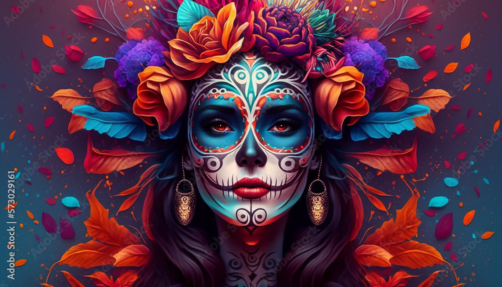 Mexican festival known as Day of the Dead with maxican girl portrait wearing carnival mask of the day of the dead, Generative ai