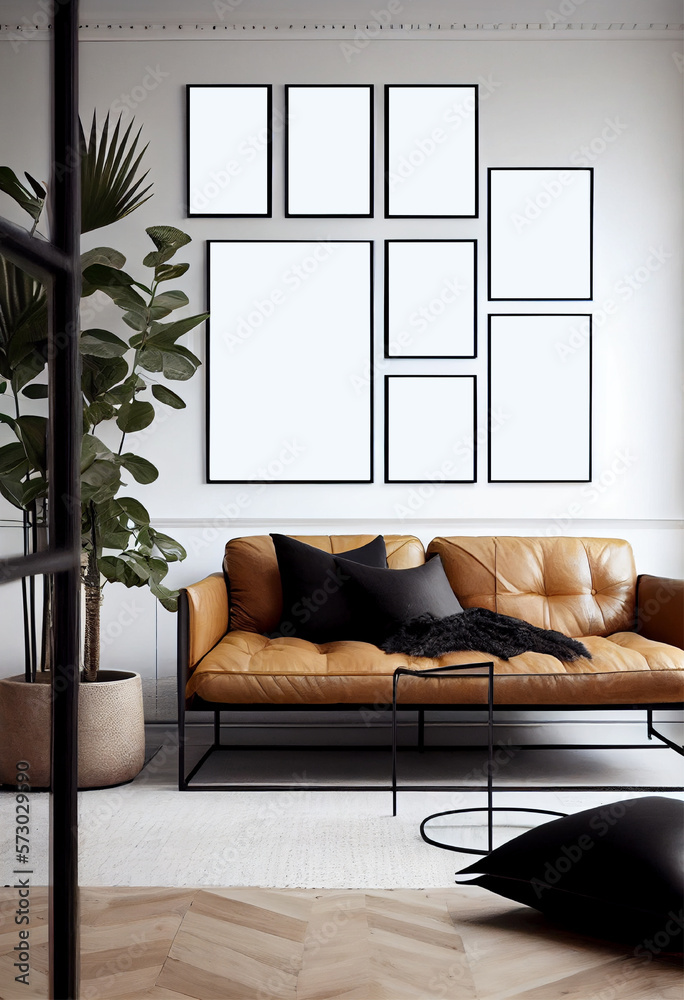 View of Minimalist living room with black metal frames, paired with a tan ...