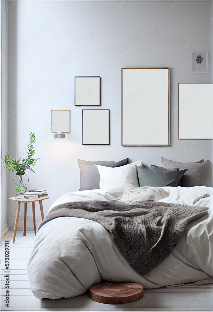 Modern and luxurious master bedroom with a series of blank frames | Interior design of a bed room | Beautiful and modern bed with pillows and blankets | Generative Ai | Photorealism | Indoor décor Modern and luxurious master bedroom with a series of blank frames | Interior design of a bed room | Beautiful and modern bed with pillows and blankets | Generative Ai | Photorealism | Indoor décor