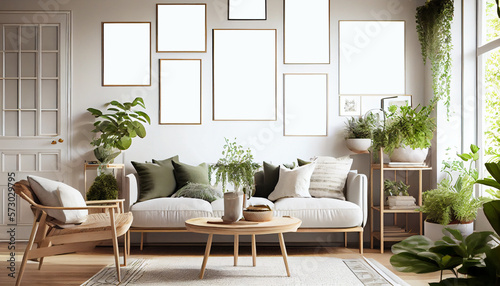 Interior design of a Scandinavian style living room featuring a comfortable sofa  a warm rug  a sleek coffee table and a series of blank poster frames having in the wall   Generative Ai   Mockup