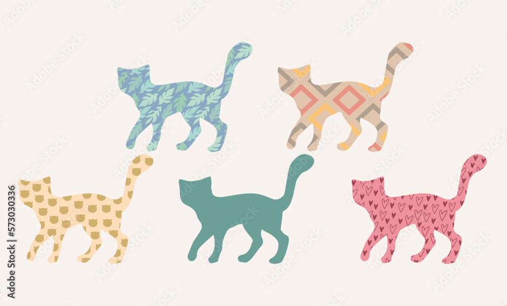 Obraz premium Set of outline cats with different patterns. Simple cat silhouette. Pattern collection.