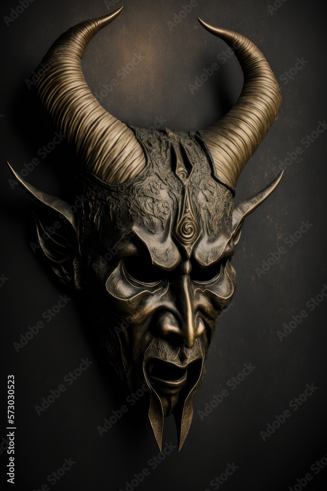 A menacing European demon mask, featuring dark colors and intricate designs. generative AI