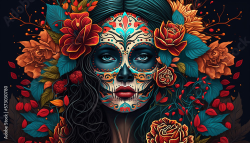 Mexican festival known as Day of the Dead with maxican girl portrait wearing carnival mask of the day of the dead, Generative ai photo