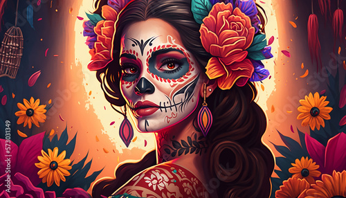 Mexican festival known as Day of the Dead with maxican girl portrait wearing carnival mask of the day of the dead, Generative ai photo