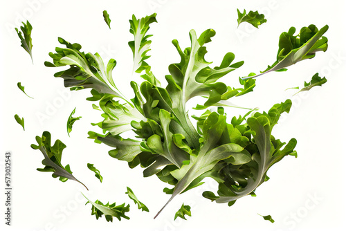 Green arugula leaves flying in air. Fresh summer or spring salad. Isolated on white background. AI.