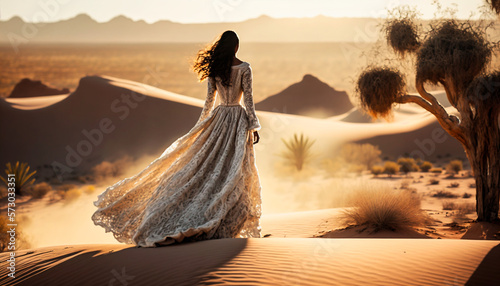 Woman in long luxury dress on desert background. Generative AI
