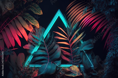 Jungle leaves with glowing neon triangle on dark background