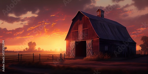 Print op canvas A barn on a farm at sunrise. Generative AI