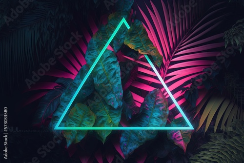 Jungle leaves with glowing neon triangle on dark background