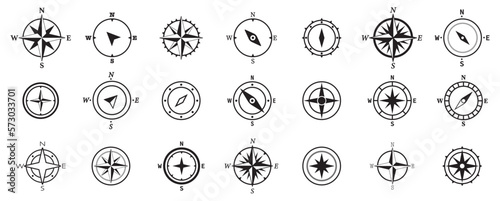 Compass icons set. Compass set of symbols on white background. Wind rose symbol collection. Vector isolated icons. Vector illustration