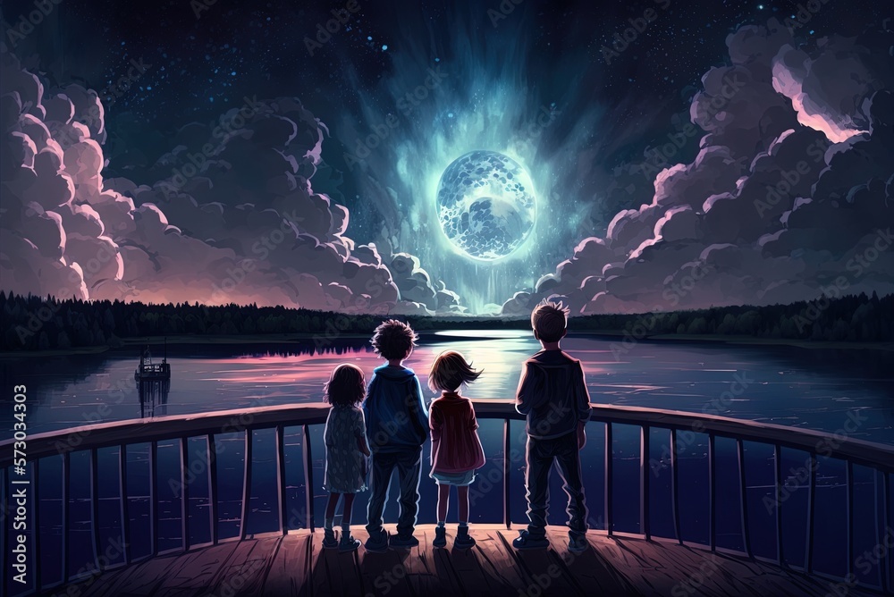 Three young youngsters gaze up at the starry sky from the balcony of a ...