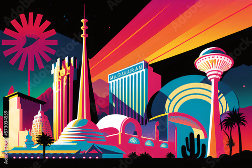 A vibrant illustration of the Las Vegas Strip at night, showcasing the iconic Luxor pyramid and Eiffel Tower replica, along with the colorful neon lights of casinos and hotels. generative ai