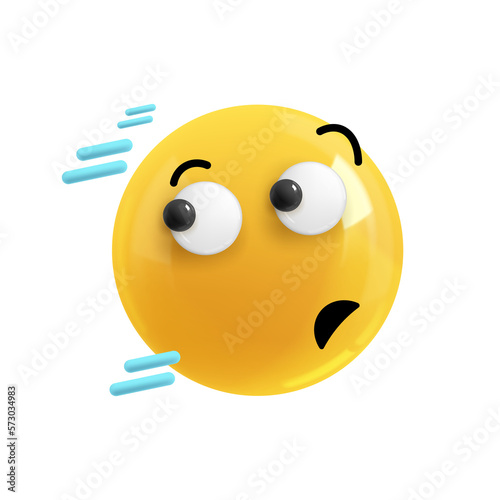 Emoji face running away fast. Realistic 3d Icon. Render of yellow glossy color emoji in plastic cartoon style isolated on white background. Illustration. PNG