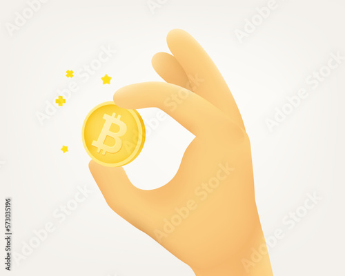 Cute cartoon human hand catching crypto coin. 3d vector illustration