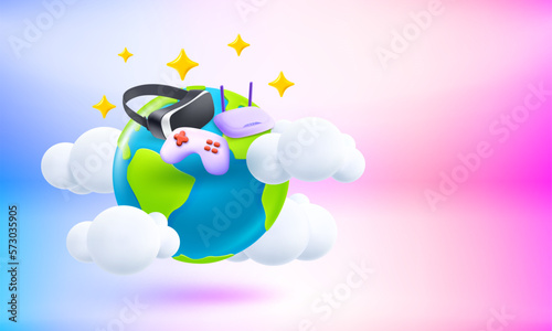 The Earth and VR glasses, router and gamepad. Global gaming concept. 3d vector banner with copy space