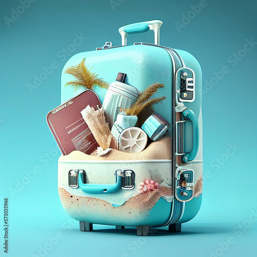 advertising of travel services, a suitcase on a blue background with beach accessories, photorealistic