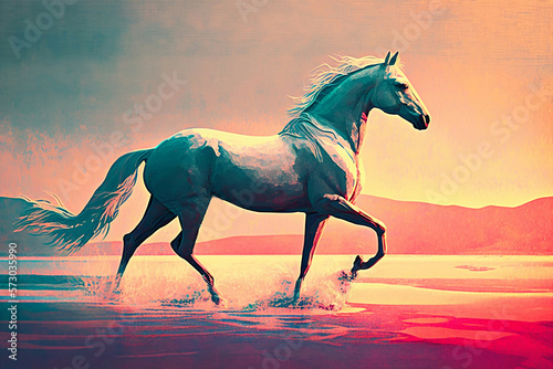Horse running along the seashore at sunset new quality universal colorful illustration design  generative ai