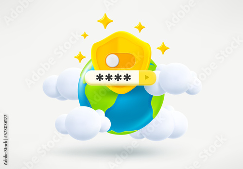 The Earth and password tab. Privat global web connection concept. 3d vector illustration photo