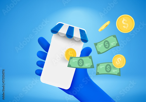 Making purchasing online concept with hand holding smartphone. 3d vector illustration