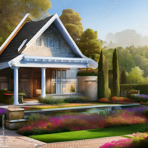 A house with a garden and a modern design 1_SwinIRGenerative AI photo