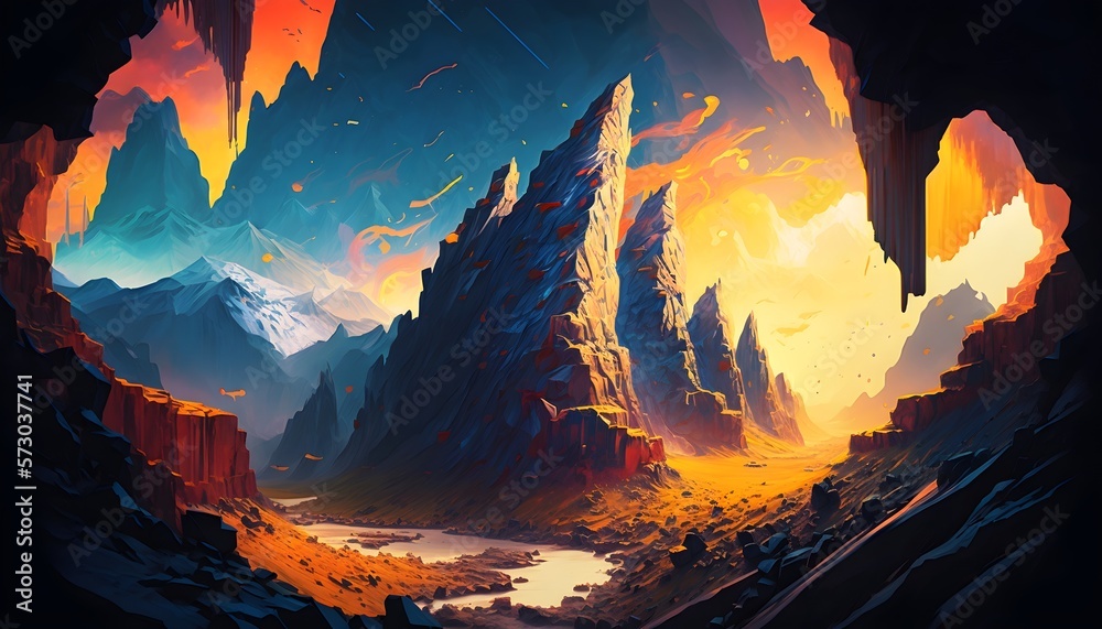 A panoramic aerial view of a fractal canyon with Fiery Volcanic setting in the background 