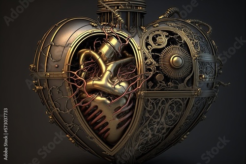 mechanical heart of cyborg robot made of gold metal anatomically shaped motor. Generative AI photo