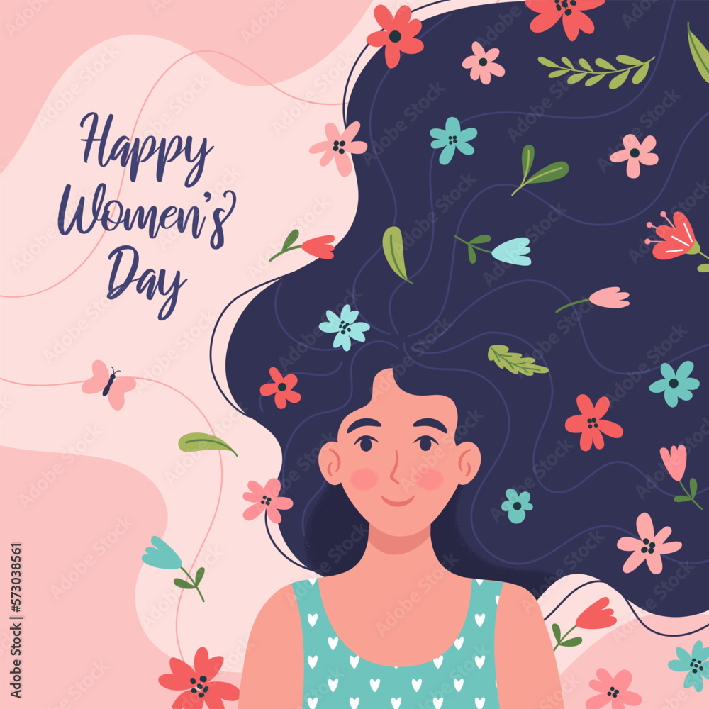 Happy Women's Day. Greeting card, poster, template. Lovely woman with spring flowers in hair. Vector illustration for the celebration of March 8. Happy Women's Day. Greeting card, poster, template. Lovely woman with spring flowers in hair. Vector illustration for the celebration of March 8.