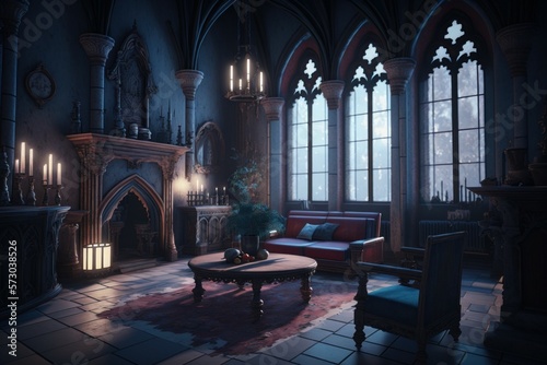 Living room of a large  Gothic vampire castle. Dracula s castle. AI generated