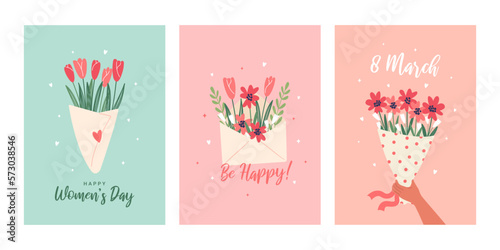 Happy Women's Day. Collection of lovely cute greeting cards with a bouquet of flowers and envelope with flowers. Festive vector illustration for the celebration of March 8.