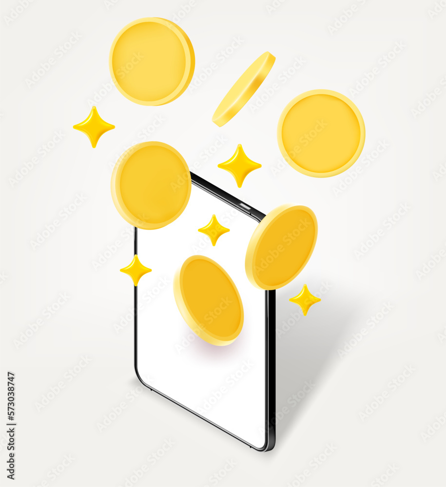 Tablet computer with golden coins. 3d vector illustration isolated on white background