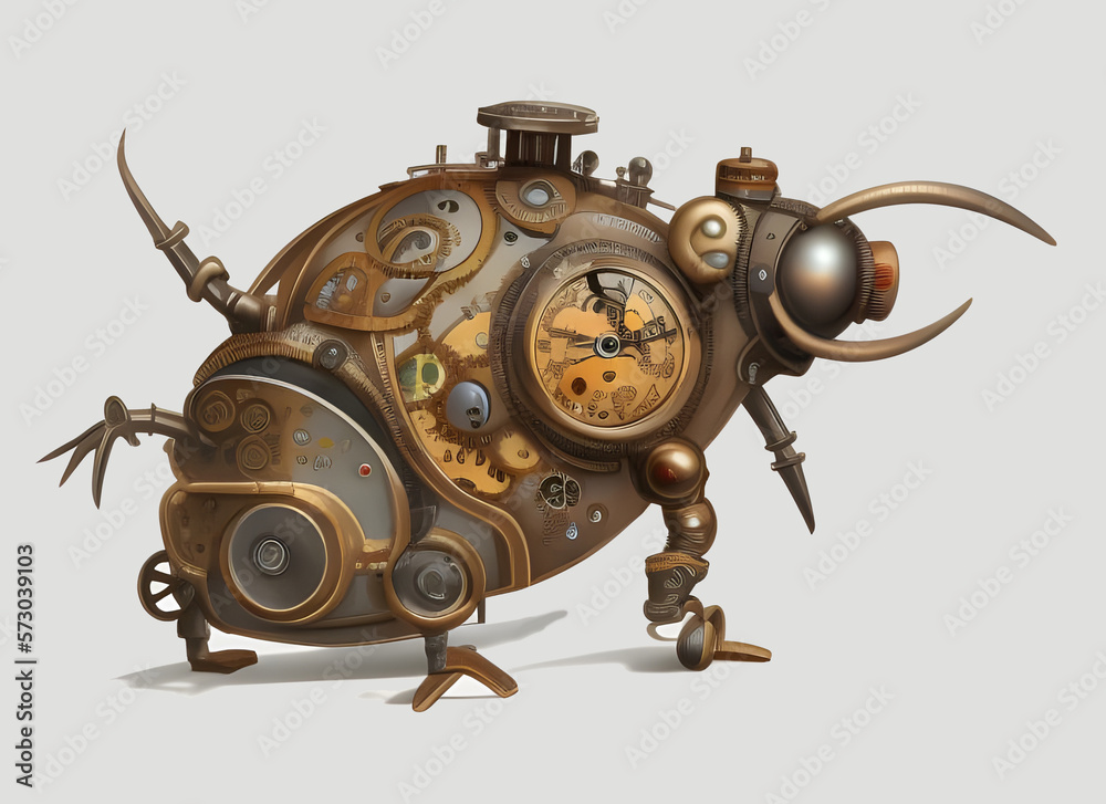 cyberpunk mechanical robot metal beetle with steampunk style clockwork brass gears isolated on a plain background. generative ai illustration. cyberpunk mechanical robot metal beetle with steampunk style clockwork brass gears isolated on a plain background. generative ai illustration.