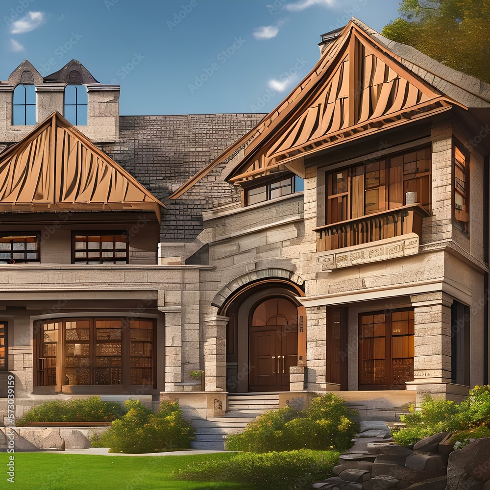 2 A home with a mix of stone, wood, and glass exterior and awnings over the windows 2_SwinIRGenerative AI