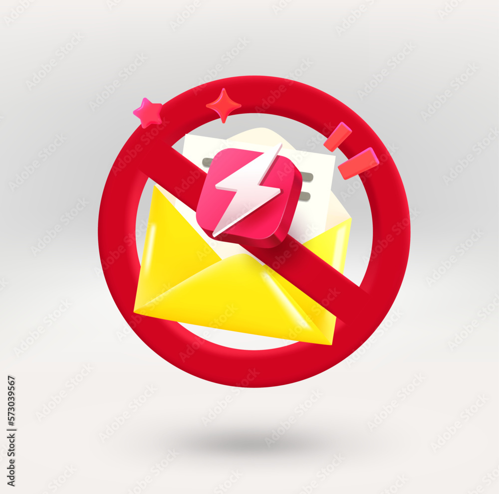 No spam concept with envelope. 3d vector icon isolated on white No spam concept with envelope. 3d vector icon isolated on white