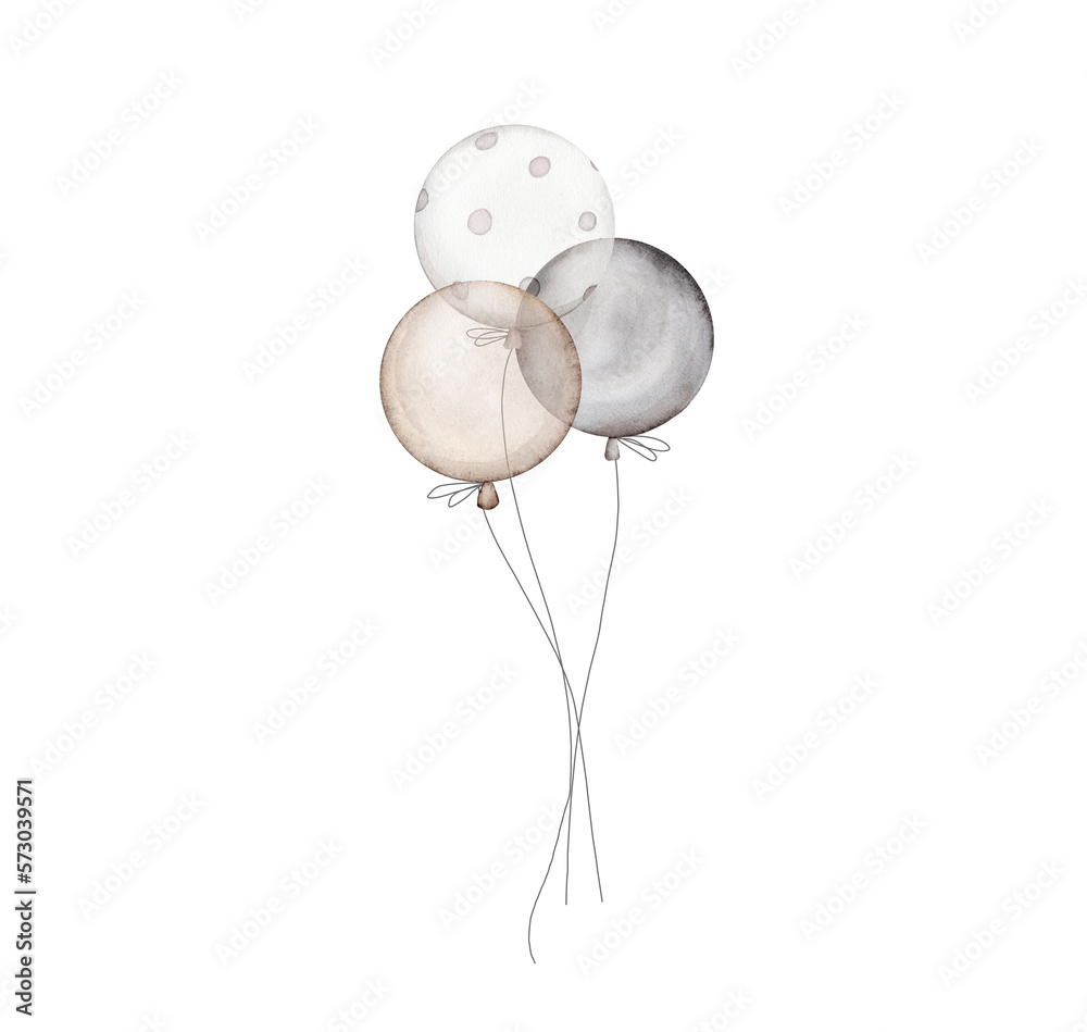 Watercolor yellow air balloons on white background. Birthday balloons for party invitation. Round inflatable balls of natural shades - white, beige, brown, grey, gold, silver, bronze, dot Watercolor yellow air balloons on white background. Birthday balloons for party invitation. Round inflatable balls of natural shades - white, beige, brown, grey, gold, silver, bronze, dot