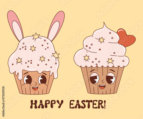 Couple groovy cartoon character easter cake cupcake with bunny ears. Retro vintage cute mascot cake. Vector illustration.